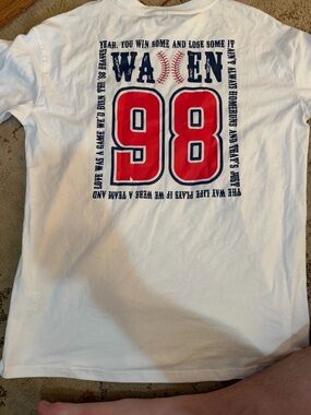 Atlanta Braves White Graphic Tee with Red & Navy '98' Baseball Design